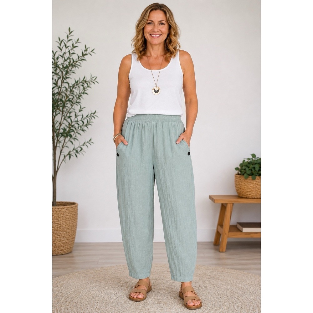 C.O.Z.Y Mint Green Crinkle Cotton Linen Lantern Pants Women Relaxed Crop XL
